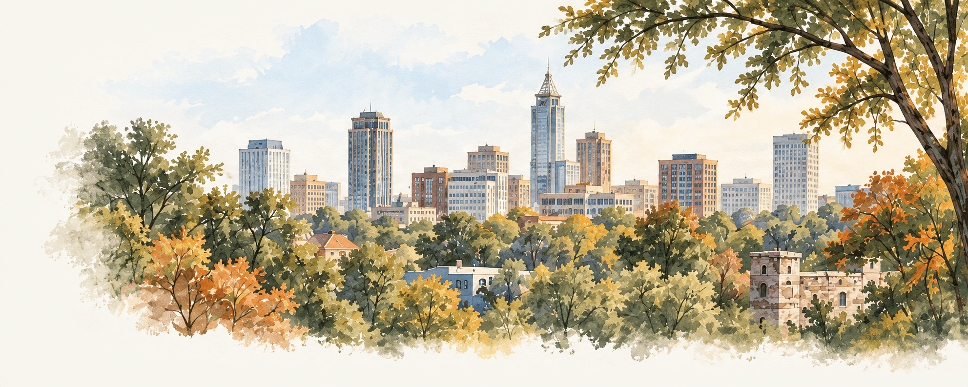 Watercolor illustration of Raleigh’s skyline framed by oak trees in soft autumn colors